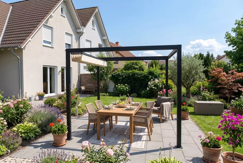 Freistehende Pergola mit Flachdach aus Stoff