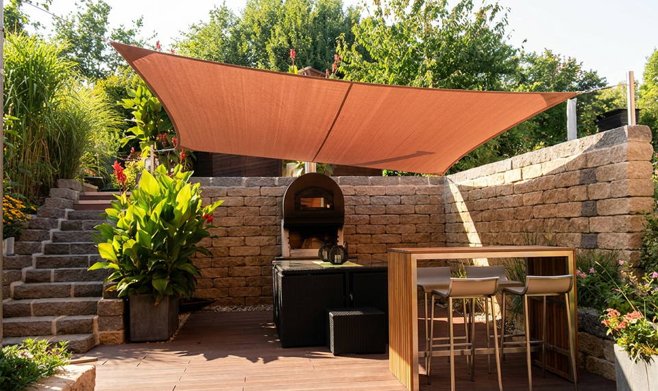 Sonnensegel mit Whirlpool auf Terrasse mit Ziegelwand
